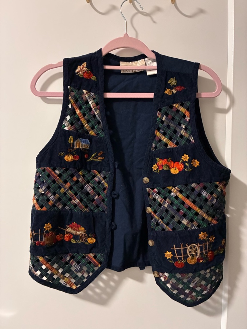 Navy Embroidered Fall Patchwork Vest